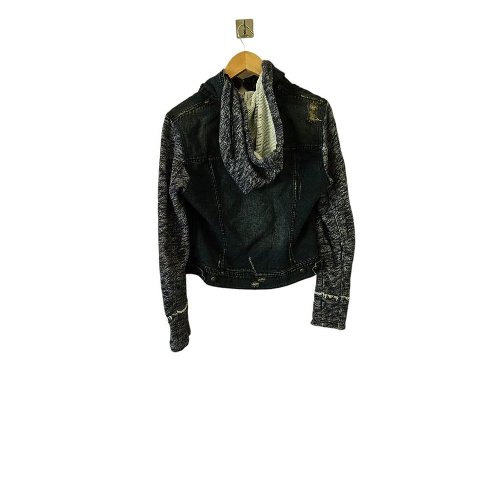 Free People Distressed Denim Jacket Knit Sleeves And Hood Women's Size Medium - Picture 4 of 4